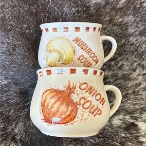 Vintage Soup Mugs Set - Mushroom and Onion Design